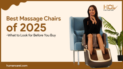 Woman enjoying a massage chair – benefits of using massage chairs help with best massage chairs of 2025 for relaxation, back pain relief, and stress reduction.