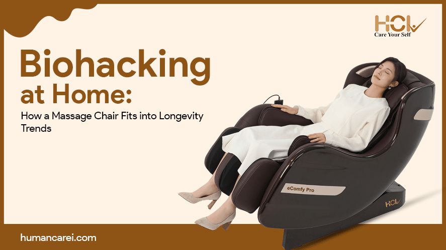 A woman in a white dress relaxes with eyes closed on an HCI eComfy Pro massage chair, with the text “Biohacking at Home: How a Massage Chair Fits into Longevity Trends” displayed alongside the HCI logo.