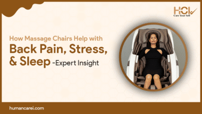 Woman relaxing in a massage chair – benefits of using massage chairs help with back pain, stress relief, and better sleep.