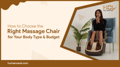 A woman sitting on a premium massage chair by Human Care International – perfect massage chairs for athletes to enhance recovery, reduce stress, and support fitness goals.