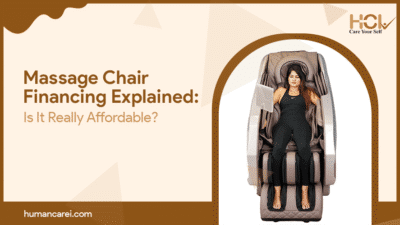 A woman relaxing in a luxury massage chair from Human Care International – highlighting massage chair financing options that make wellness affordable for everyone.