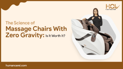A woman relaxing on a luxurious Massage Chairs With Zero Gravity from Human Care International, designed for full body relaxation, stress relief, and improved posture.