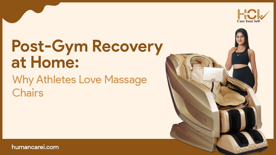 Athlete standing beside a luxurious 5D massage chair, highlighting the benefits of post-gym recovery with the best electric massage chair in India.