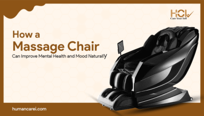A premium full body massage chair by Human Care International designed to promote relaxation and show how massage chairs improve mental health and mood naturally.