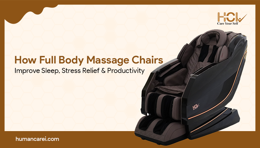 A person relaxing in a Full Body Massage Chair, experiencing stress relief and improved sleep through advanced massage technology.