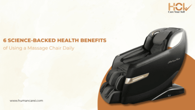 Person relaxing in HCI zero gravity massage chair at home