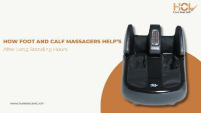 Person using a foot, calf, and leg massager to relieve pain after standing all day"
